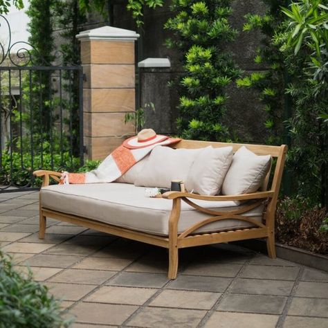 51 Outdoor Daybeds for Indulgent Relaxation Your Way Sofa Daybed, Patio Daybed, Patio Loveseat, Outdoor Daybed, Wood Patio, Daybed Sofa, Beige Cushions, Teak Outdoor, Sam's Club