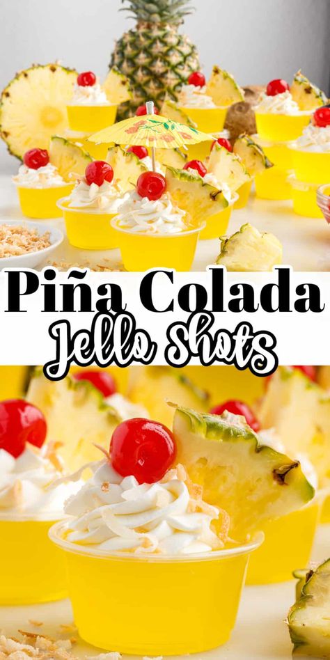 Pina Colada Jello Shots Recipe, Yummy Shots, Rum Jello Shots, Pina Colada Jello Shots, Easy Party Treats, Jello Shooters, Easy Party Drinks, Peach Jello, Pineapple Jello