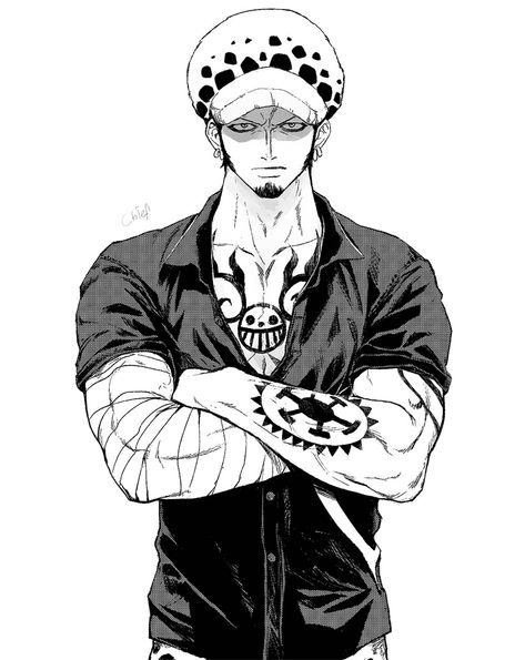 Safebooru - 1boy arm tattoo bandaged arm bandages chest tattoo chief (chiefvinsmoke) commentary request crossed arms denim earrings facial hair frown fur hat hat highres jeans jewelry looking at viewer male focus monochrome muscular one piece pants parted lips shirt short hair short sleeves solo tattoo trafalgar law v-shaped eyebrows | 4804816 Arm Bandages, Solo Tattoo, Bandaged Arm, Law Tattoo, Trafalgar Law One Piece, Trafalgar Law Wallpapers, Trafalgar D Water Law, Law Icon, Law One Piece