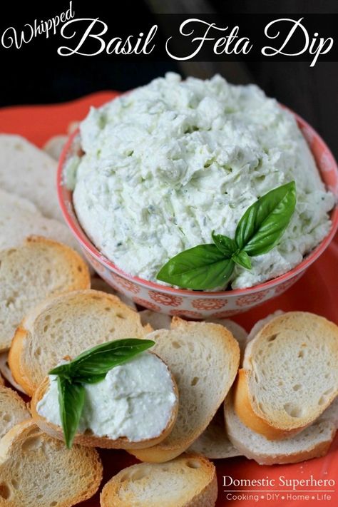 Whipped Basil Feta Dip - perfect for all that fresh summer basil! Basil Feta Dip, Basil Dip, Dip Party, Healthy Dip Recipes, Party Dip, Tomato Bruschetta, Basil Recipes, Feta Dip, Healthy Dips