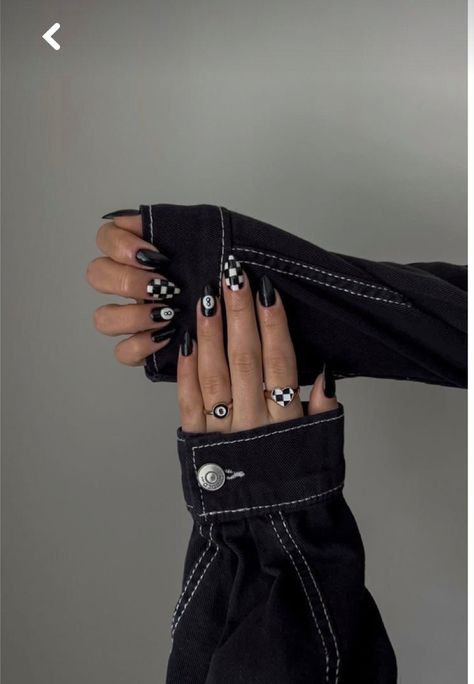 Black And White Checkered Nails Acrylic, Trendy Nail Art Square, Black And White Nail Aesthetic, Black And White Edgy Nails, Mya Benway Nails, Checker French Tip Nails, Black Rock Concert Nails, Black And White Funky Nails, Black Nails Nail Art