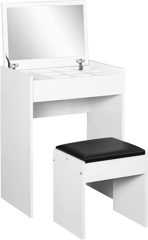 HOMCOM Vanity Table Set with Flip Top Mirror and Cushioned Stool, Makeup Dressing Table with Removable Storage Compartment, White : Amazon.ca: Home Small Apartment Room, Dress Storage, Table Flip, Padded Stool, Dressing Table Storage, Makeup Dressing Table, Vanity Table Set, Desk Size, Dressing Table Set