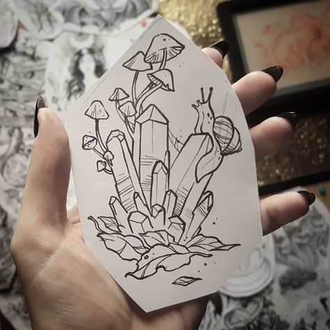 Zsofia Simon on Instagram: “Small sketch #crystal #crystals #magic #forest #snail  #nature #naturetattoo #littlewonders #mushrooms #shrooms #witchy #witchytattoo…” Magical Mushroom Tattoo, Crystal Snail Tattoo, Mushroom Crystal Drawing, Mushrooms And Crystals Drawing, Witchy Forest Tattoo, Mushroom And Crystal Drawing, Magic Forest Tattoo, Crystal Mushroom Tattoo, Gothic Mushroom Tattoo