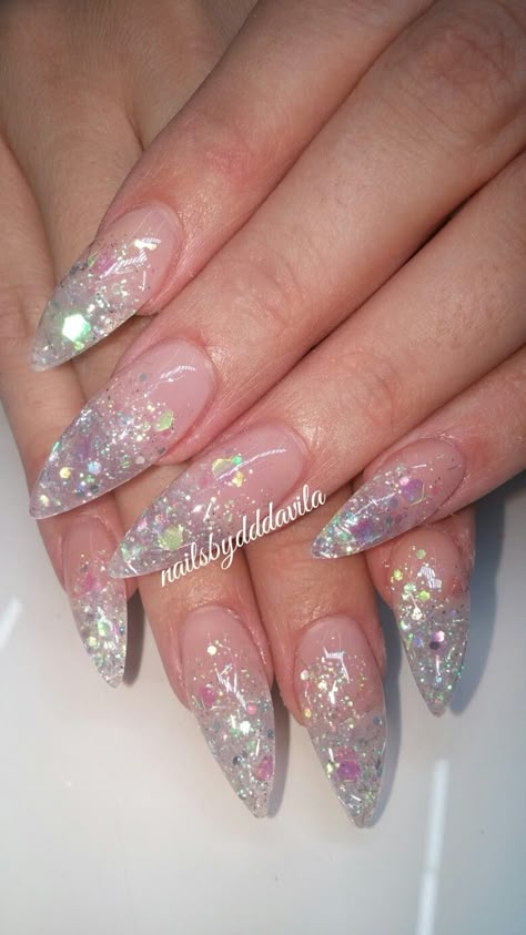 Sparkly Almond Shape Nails, Extra Birthday Nails Almond, Clear Glitter Acrylic Nails Almond, Clear Sparkly Almond Nails, Sparkly Almond Nails Glitter, Encapsulated Stiletto Nails, Chunky Sparkle Nails, Almond Sparkle Nails, Glitter Ombre Nails Almond