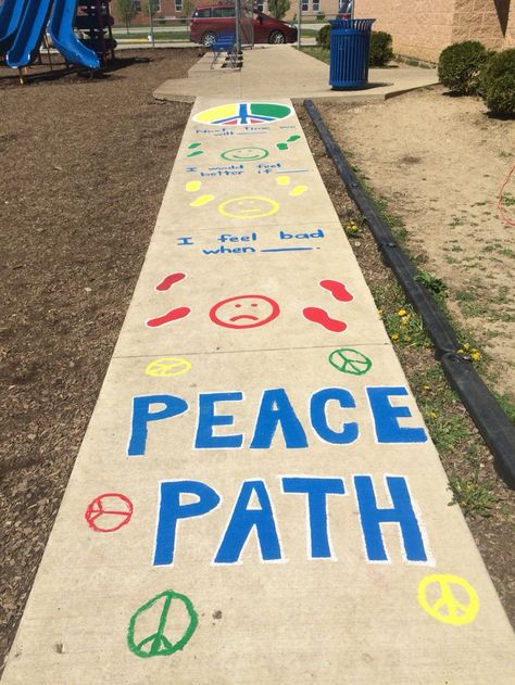 We painted a Peace Path on our school playground to help kids with conflict resolution! Peace Path, Aesthetic Mode, Playground Painting, Peace Education, Catholic Schools Week, School Performance, Teach Peace, International Day Of Peace, Guidance Lessons