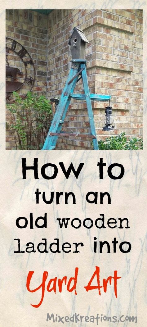 Wooden Ladder Upcycle, Old Wooden Step Ladder Ideas, Wooden Ladder Garden Ideas, Decorating With Old Ladders, Old Ladders In The Garden, Wooden Yard Art Diy, Diy Shepards Hook, Old Ladder Ideas For Outside, Ladder In Garden