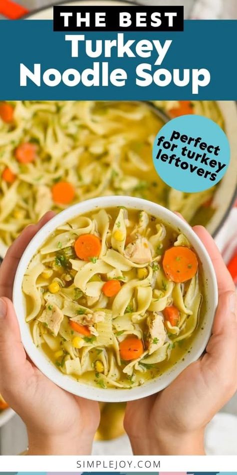 This Turkey Noodle Soup takes all the delicious flavors of fall and turns them into a warm comforting soup. The perfect use for your left over Thanksgiving turkey. Recipes That Use Turkey Broth, Leftover Turkey Recipes Easy Soup Instant Pot, Smoked Turkey Noodle Soup, Slow Cooker Turkey Noodle Soup, Turkey And Sausage Soup, Crock Pot Turkey Soup Recipes, Turkey Soup With Leftover Turkey, Turkey And Noodles Leftover, Crockpot Turkey Noodle Soup