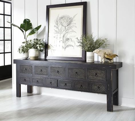 Console Tables, Sofa Tables & Entryway Tables | Pottery Barn Mid Century Media Console, Painted Fox Home, Reclaimed Wood Console Table, Dining Room Console, Long Console, Long Console Table, Table Entryway, Black Console Table, Console Table Decorating