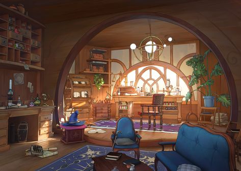 ArtStation - Magic Cabin , YI XU Fantasy Cabin, Episode Backgrounds, Fantasy Rooms, Fairy Home, Location Inspiration, Cafe Art, Fantasy Places, Back Art, Library Design