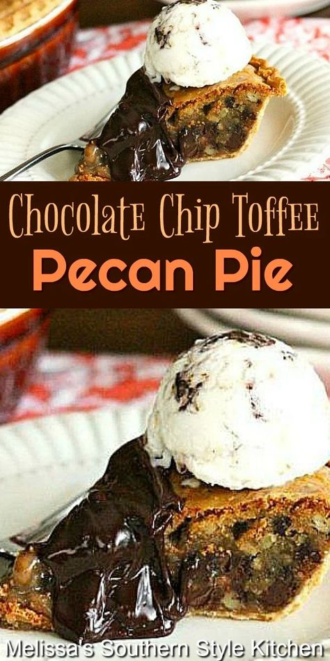 Chocolate Chip Toffee Pecan Pie #pecanpie #chocolatepecanpie #pecanpierecipes #pies #desserts #dessertfoodrecipes #southernfood #holidaydesserts #southernrecipes Chocolate Chip Pecan Pie, Pie Pecan, Cookie Brownie, Bbq Desserts, Toffee Chips, Pecan Pie Filling, Pie Pie, Diy Easy Recipes, Chocolate Pecan Pie