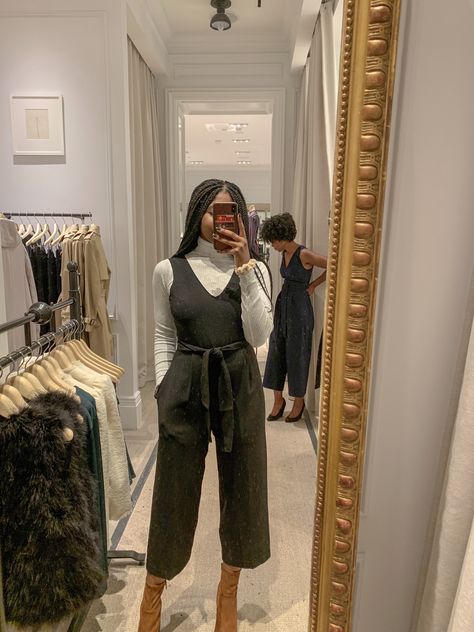 black jumpsuit - jumpsuit - turtleneck - Jumpsuit Over Turtleneck, Jumpsuits In Winter How To Wear, Jumpsuit Turtleneck Outfit, Overalls Professional Outfit, Cloth Jumpsuit Outfit, Formal Photographer Outfit, Teacher Outfits Jumpsuit, Jumpsuits In Winter, Teacher Outfits Overalls