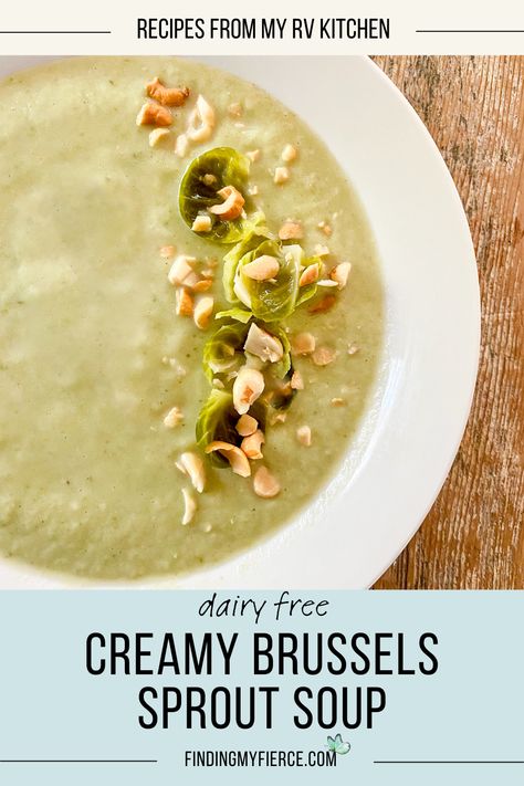 Feed this deliciously creamy and earthy soup to a proclaimed Brussels Sprout Hater and prepare to hear them say without fail, “this is delicious and I don’t like Brussels sprouts”. This soup is a riff on an Austrian version (which I cannot pronounce) that is traditionally cream and butter based, but I am including a non-dairy option for the vegans and dairy-free folks. Enjoy! Brussels Sprout Soup, Sprout Soup Recipe, Cream Of Brussel Sprout Soup, Vegan Blended Soup, Vegan Immersion Blender Soup, Brussel Sprout Soup, Sprout Soup, Bruccels Sprouts, Migraine Diet