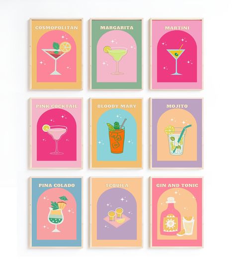 Alcohol Prints Wall Art, Colorful Gallery Wall, Alcohol Prints, Home Bar Signs, Bar Cart Print, Drink Art, Food Wall Art, Retro Cocktail, Cocktail Poster