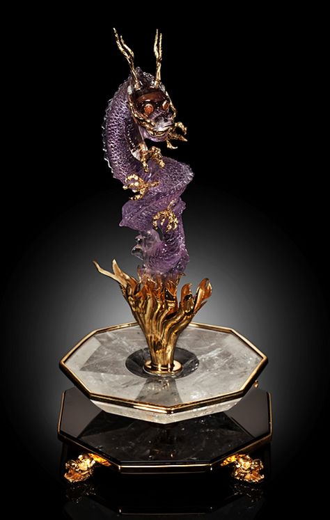 Ametrine-Dragon-Sculpture-.--Luis-Alberto-Quispe-Aparicio Lapidary Art, Carved Gemstones, Art Pierre, Dragon Sculpture, Gemstone Art, Ruby Zoisite, Seahorses, Stone Sculpture, Jade Carving