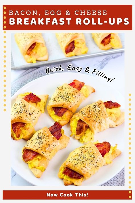 These Bacon, Egg and Cheese Breakfast Roll-Ups have crisp strips of bacon, soft scrambled eggs and melty cheese wrapped up in crescent roll dough, sprinkled with everything bagel seasoning and baked until golden brown. They're quick, easy, delicious and filling! Get the recipe and give them a try! Cheese Crescent Roll Recipes, Bacon Recipes Breakfast, Soft Scrambled Eggs, Breakfast Roll, Crescent Breakfast, Crescent Roll Breakfast Recipes, Eggs Cheese Breakfast, Cheese Crescent Rolls, Breakfast Crescent Rolls