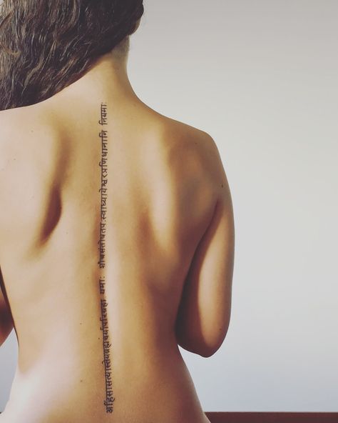 Sanskrit Back Tattoo, Sanskrit Spine Tattoo, Ahimsa Tattoo, Tattoo Sanskrit, Sanskrit Tattoo, Vegan Tattoo, Meditation Corner, Spine Tattoo, Fine Line Tattoos