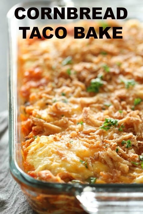 CORNBREAD TACO BAKE | This Cornbread Taco Bake is an easy weeknight dinner that is full of flavor. This simple casserole recipe uses a cornbread muffin mix, peppers, rotisserie chicken, corn, beans, french fried onions, cheese and seasonings to make it a meal everyone will love! Recipes Using Cornbread, Cornbread Taco Bake, Cornbread Taco, Cornbread Muffin, Baked Tacos Recipe, Chili Cornbread, Delicious Cornbread, Six Sisters Stuff, Cornbread Casserole