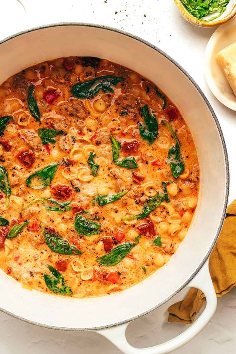 This delicious Marry Me Soup is made with Italian sausage, pasta and spinach in a creamy sun-dried tomato broth. Crockpot Italian Soup, Sundried Tomato Soup, Italian Sausage Orzo Soup, One Pot Recipe Ideas, Fall Soup Ideas, Sausage Spinach Soup, Soup Recipes Fall, Recipes With Wine, Spicy Sausage Soup