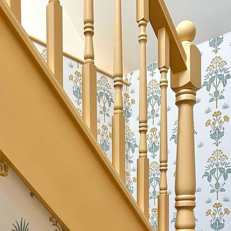 Nels Crosthwaite Eyre on Instagram: "Up into the eaves - a magical stairway to cosy guest bedrooms at the top of the house. Often dark and dingy, we wanted to make a lively space - the contrast woodwork in sunny yellow was the key to this look. #wallpaper #morrisandco #williammorris #artsandcrafts #stairs #attic #atticroom #yellow #yellowpaint #interior #interiordesign #interiordesigner #interiordecor #home #homedecor #homedesign #homeinspo #staircase #edwardbulmer #persianpaint #eaves #oldhouse #architecture #countryhouse #countryhousestyle #wiltshire #eyreinteriors" Contrast Woodwork, Yellow Stairwell, Yellow Staircase, Stairs Attic, Stair Way, Yellow Stairs, Staircase Renovation, Painted Staircases, Look Wallpaper