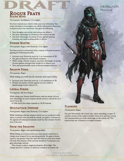 Feats Dnd, Dnd Homebrew Classes 5e, Dnd 5e Rogue, 5e Feats, Dnd Feats, Dnd Rogue, Homebrew Classes, Rogue Dnd, Dungeons And Dragons Rules