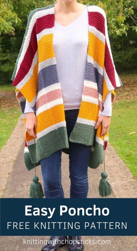 This free poncho knitting pattern features trendy stripes and an oversized tassel belt. You'll look great on the outside, and feel like you're cozied up in a blanket on the inside. Made of two rectangles sewn together, it's perfect for knitters looking to get into garment-making. My free step-by-step tutorial will walk you through this knit poncho pattern. #knitponcho #ponchopattern #knittingpattern #freepattern Knitted Poncho Patterns Free, Knit Poncho Pattern, Easy Poncho Knitting Pattern, Ruana Pattern, Poncho Knitting, Winter Knitting, Knit Poncho Sweater, Crochet Wearables, Knitting Patterns Free Sweater