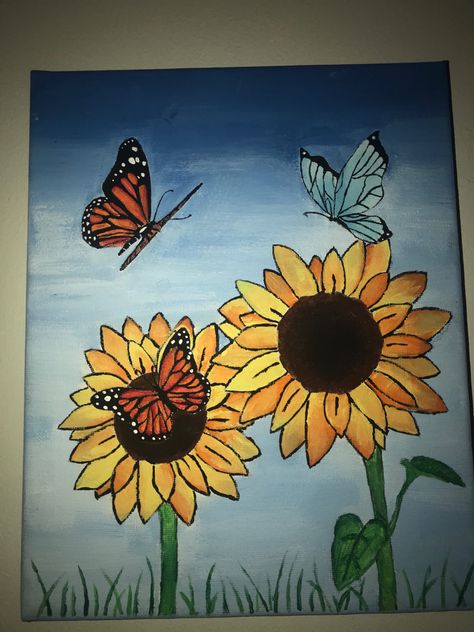 sunflower and butterfly painting on canvas Sunflower And Butterfly Painting, Sunflower Butterfly Drawing, Big Sunflower Painting, Things To Draw On A Big Canvas, Simple Butterfly Painting, Butterfly And Flower Painting, Butterfly Painting On Canvas, Kids Painting Class, Moon Stars Art