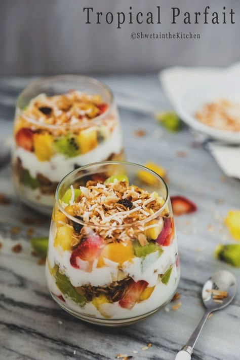 Tropical Parfait - Tropical Granola Parfait - Shweta in the Kitchen Breakfast Ideas For Work Party, Breakfast Ideas For Work, Tropical Parfait, Yogurt Parfait Recipe, Granola Parfait, Creamy Yogurt, Parfait Breakfast, Fruit Parfait, Refreshing Snacks