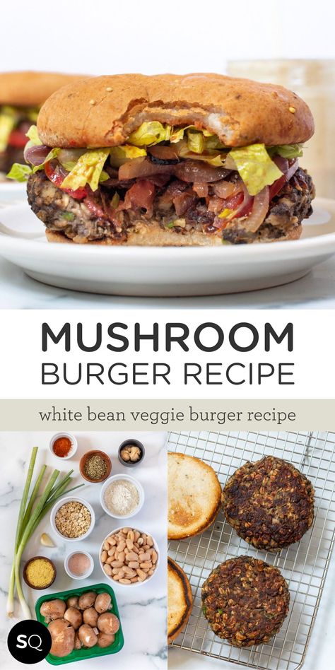 This white bean mushroom veggie burger recipe is the best you'll ever try! They're meaty, easy to make, perfectly seasoned as well as vegan and gluten-free! Follow this Easy and Healthy Vegetarian Burger Recipe, learn how to make your homemade patty, and then cook it on the grill, bake it or sauté it. It's a simple healthy burger idea for dinner. Impress your guests with a quick and unique plant based recipe. Simply Quinoa Healthy Recipe Plant Based Hamburger Recipes, Vegan Food Processor Recipes, Vegan Burgers Recipes, Vegan Smash Burger, Mushroom Veggie Burger Recipe, Vegan Burger Patty, Easy Vegan Burger, Vegetarian Gluten Free Recipes, Mushroom Patty