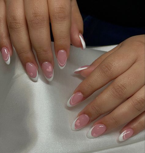 Hearts French Tip Nails, Short Almond Nails French Tip Designs, Valentines Almond Acrylic Nails, White French Valentines Nails, Short Almond Nail Ideas French Tip, Super Short Almond Nails French Tip, Medium Length Almond Nail Ideas, Minimal Heart Nails, Alomd Nails Ideas French Tip