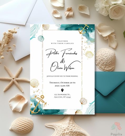 Beach Wedding Invitation, Nautical Seashell Invite, Anchor Themed Wedding, Teal and Gold Editable Coastal Invite, Printable Ocean Invitation by Papilix on Etsy Beach Theme Wedding Invites, Blue And Gold Wedding Invitations, Ocean Invitation, Ocean Themed Wedding, Lake Wedding Invitations, Ocean Wedding Theme, Wedding Teal, Nautical Elements, Beach Wedding Invitation