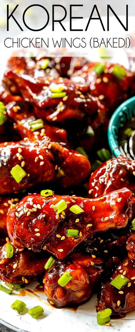 BAKED Korean Chicken Wings (How to Make ahead, Freeze, Tips, Tricks) Korean Gochujang Chicken Wings, Asian Chicken Wing Recipes, Gochujang Wings Recipe, Korean Baked Chicken, Chicken Wings Aesthetic, Sticky Bbq Chicken Wings, Asian Wing Sauce, Korean Chicken Recipes, Chicken Wings Marinade