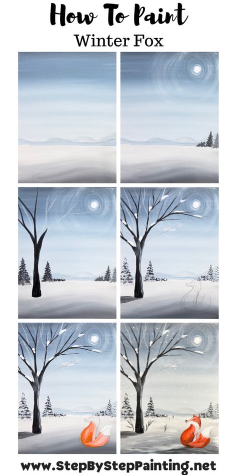 How To Paint Step By Step Acrylic, Winter Step By Step Painting, How To Paint A Winter Scene, How To Paint Winter Scene, Step By Step Painting Tutorial, Easy Winter Scenes To Paint, Winter Sky Painting, Winter Acrylic Paintings Step By Step, Easy Winter Painting Ideas