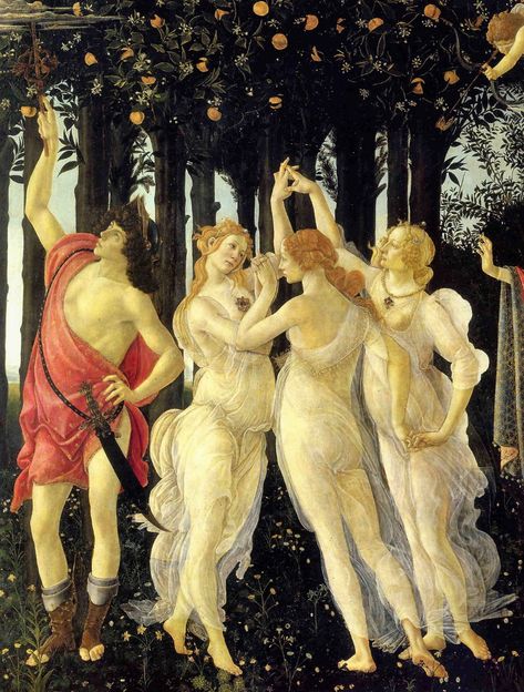 Detail from Botticelli's complex mythological painting Primavera. Sandro Botticelli, Rennaissance Art, Uffizi Gallery, Three Graces, Mythology Art, Historical Art, Famous Art, Arte Fantasy, Classical Art