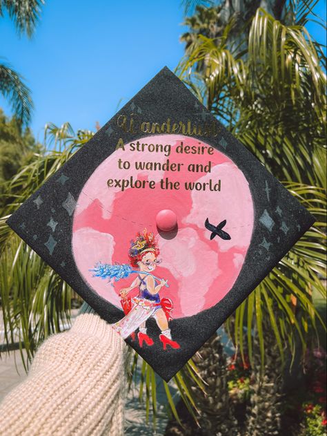 childhood characters - fancy nancy , early 2000s inspired senior year graduation cap/hat inspiration, made with acrylic paint Senior Year Graduation, Grad Cap Design, Hat Inspiration, Grad Cap Designs, Childhood Characters, Cap Decoration, Graduation Caps, Graduation Cap Decoration, Fancy Nancy