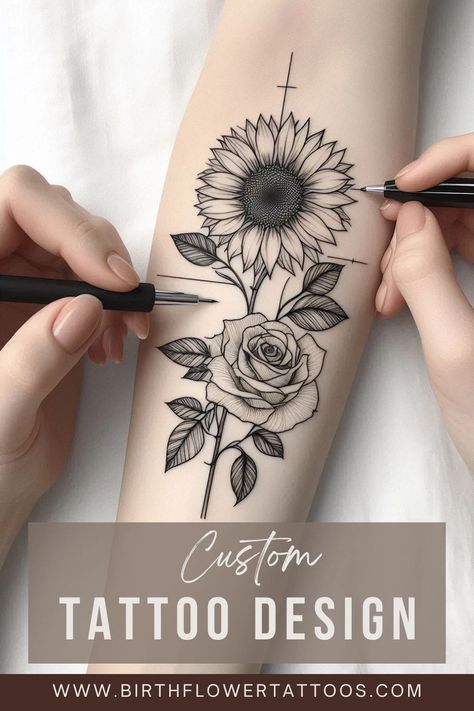 🌸✨Sunflower and Rose Flower Tattoo: A Beautiful Blend of June Birth Flowers✨🌹