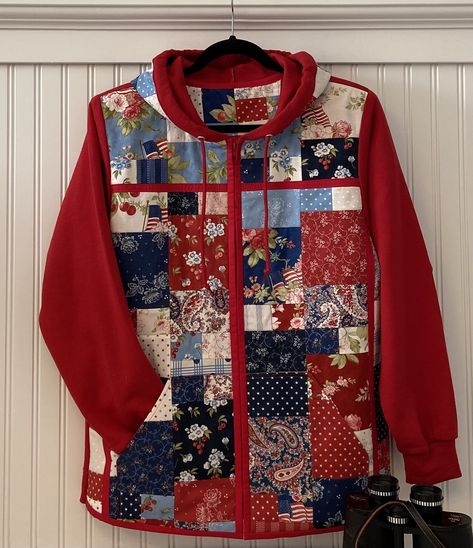 Make Your Own Hoodies! These are Adorable! - Nancy's Notions Sweatshirt Jackets Patterns, Quilted Sweatshirt Jacket, Square Apron, Charm Squares, Quilted Sweatshirt, Estilo Hippy, Charm Packs, Quilted Clothes, Quilt Jacket