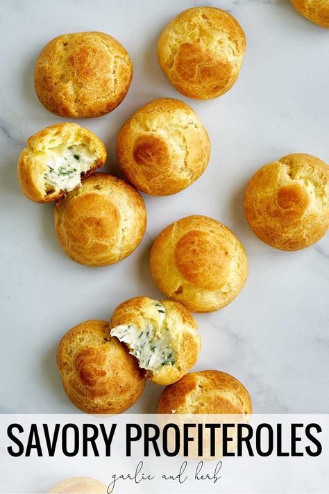 Garlic & Herb Savory Profiteroles Choux Pastry Appetizer, Savory Cream Puffs Appetizers, Savory Fillings For Puff Pastry, Savory Cream Puffs Filling, Savoury Cream Puffs, Savory Tea Snacks, Savoury Choux Pastry, Savory Cream Cheese Filling, Savory Petit Fours