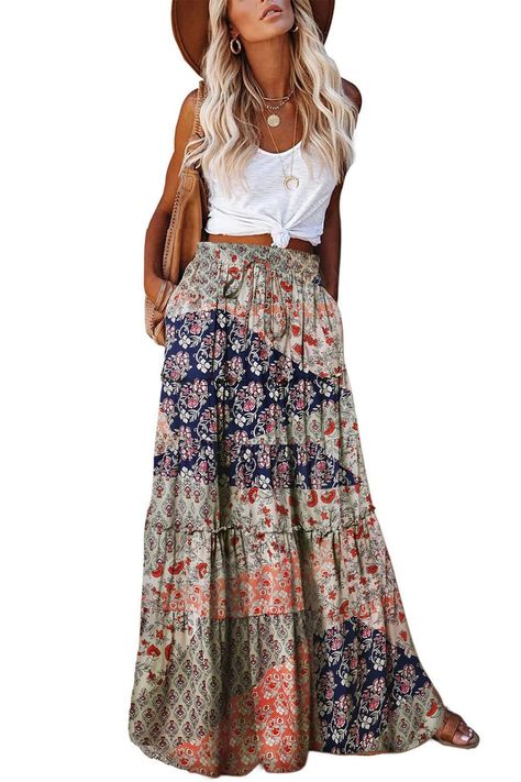 PRICES MAY VARY. Country Concert Outfit: This long skirt is perfect for a casual day out or music festival. Boho skirtmade from high quality fabric,100%Polyester,soft, comfortable,elegant and flowy. Skirt with Pockets: This plus size skirt features a pleated and high waisted design, designed to flatter your figure. With two deep side pockets, floral skirt can hold a bottle of water and a phone, allowing you to indulge in the music of the music festival. Adjustable Elastic Waistband: Boho maxi sk Maxi Skirt With Pockets, Printed Long Skirt, Long Maxi Skirt, Bohemian Skirt, T Shirt Crop Top, Maxi Skirt Boho, Skirt High Waist, Long Skirts For Women, Floral Maxi Skirt