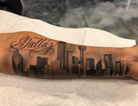 Dallas Inspired Tattoos, Dallas Texas Skyline Tattoo, Dallas Tx Tattoo Ideas, Dallas Texas Tattoo For Men, Dallas Skyline Tattoo, Dallas Tattoo Ideas, Skyline Tattoo Ideas, Texas Tattoo For Men, Dallas Texas Tattoo