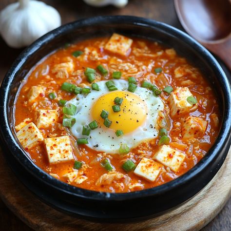 🍲 "Warm up with Korean Spicy Egg Soup—a flavorful, spicy dish that's perfect for any time you need comfort food!" 🍲🔥 #KimchiJjigae #SpicySoup Korean Spicy Egg Soup (Kimchi Jjigae) Ingredients: Kimchi (1 cup, chopped) Tofu (1/2 block, cubed) Egg (1, beaten) Garlic (2 cloves, minced) Gochugaru (1 tbsp) Soy sauce (2 tbsp) Onion (1/2 cup, sliced) Water (2 cups) Instructions: In a pot, heat garlic and kimchi until fragrant. Add water, soy sauce, and gochugaru. Bring to a boil. Stir in tofu and... Tofu Jjigae, Kimchi Aesthetic, Tofu And Kimchi, Kimchi Soup, Kimchi Jjigae, Egg Soup, Korean Soup, Spicy Eggs, Tofu Soup