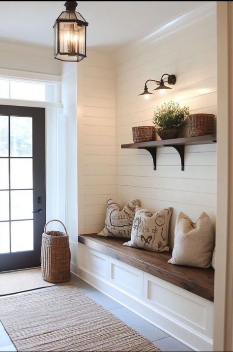 Front Hall Decor, Shiplap Entryway, Bay Window Benches, Mudroom Ideas Entryway, Mudroom Addition, Home Entrances, White Shiplap Wall, Entryway Decor Ideas, Mudroom Entryway