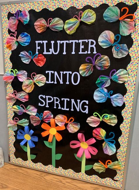 Flutter Into Spring Bulletin Board, May Bulletin Boards Preschool, Bulletin Board Ideas For Elementary School, May Teacher Boards, Bulliton Bored Ideas Preschool, Butterfly Board Ideas, Bulliten Boards Ideas May, Spring Time Bulletin Board Ideas Preschool, Butterflies Bulletin Board Ideas