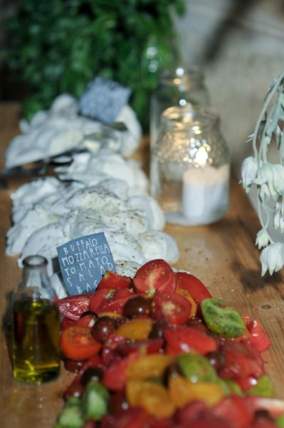 tomato mozzarella salad- cocktail hour Mozzarella Bar, Tomato Mozzarella Salad, Tomato And Mozzarella, Reception Layout, Mozzarella Salad, Wedding Buffet, Tomato Mozzarella, Australia Wedding, Refined Wedding