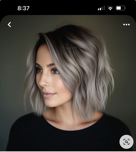 Cool Gray Hair Color, Short Balayage Hair With Curtain Bangs, Platinum Blonde Highlights On Dark Hair Short, Ashy Fall Hair Colors, Ash Blonde Streaks On Brown Hair, Dark Roots Cool Blonde Hair Balayage, Ashy Highlights On Dark Hair Short, Hair Color Ideas For Brunettes To Blend Grey, Greyish Hair Ash Blonde