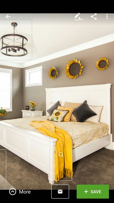 Farmhouse master bedroom Really nice and cozy feeling to it,Love this cause there's not one like this it's sooooo cute COMMENT IF YOU LIKE IT OR IF YOU PIN IT SUNFLOWERS!!! ! ♡♡♡♡♡Farmhouse Bedroom SAVED BY WENDY SIMMONS Sunflower Bedroom, Yellow Bedroom Walls, Cute Bedroom, Yellow Room, Yellow Living Room, Sun Flowers, Cute Bedroom Ideas, Bedroom Images