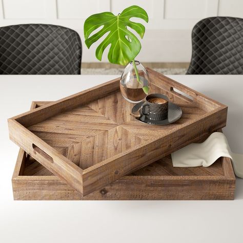 Mercury Row® Dundalk Geometric Wood Accent 2 Piece Serving Tray Set & Reviews | Wayfair Rustic Tray, Accent Tray, Serving Tray Set, Wooden Food, Wooden Serving Trays, Carving Art, Wood Accent, Serving Tray Wood, Large Tray