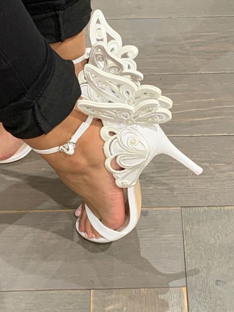 Feel like im floating in these all white sophia webster wedding heels. Sophia Webster Sophia Webster Bridal, White Heels With Butterflies, Wedding Heels Butterfly, Sofia Webster, Sophia Webster Wedding Shoes, Sofia Webster Shoes, Sophia Webster Heels, Bride Heels, Bridal Wardrobe