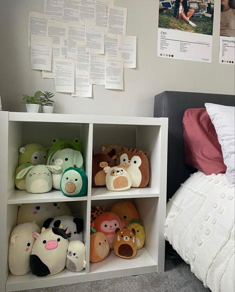 Squishmellow Storage Idea, Ways To Organize Squishmallows, Aesthetic Stuffed Animal Storage, Ways To Store Plushies, Displaying Plushies, Plushy Storage Idea, Ways To Display Squishmallows, Stuffed Animal Display Ideas Adult, Squishmallow Dorm Room