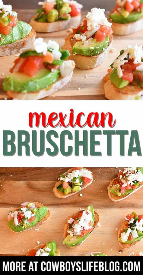 Party Bruschetta, Mexican Bruschetta, Bruschetta Appetizers, Mexican Finger Foods, Appetizers Appetizers, Easy Bruschetta Recipe, Mexican Party Food, Mexican Appetizers, Wedding Appetizers