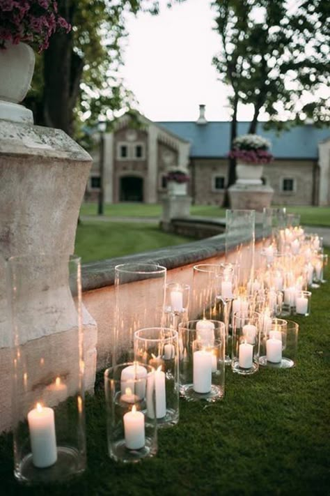 Candle Heavy Tablescape, Cipriani Wedding, Candle Isle, Presley Wedding, Aisle Candles, Candlelit Wedding, Candle Lit Wedding, Courtyard Wedding, Ceremony Candles